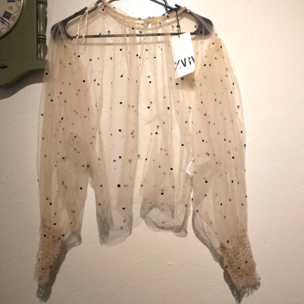 Zara Beige Sheer Polka Dot Blouse NWT
